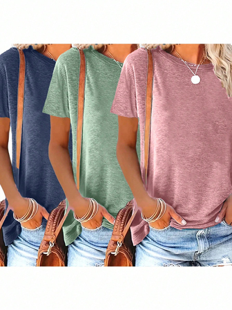 3 件纯色圆领短袖宽松休闲 T 恤，适合春夏季日常和家居穿着，可机洗
