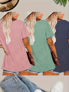 3pcs Plain Round Neck Short Sleeve Loose Casual T-Shirts, Suitable For Spring/Summer Daily And Home Wear, Machine Washable - Multicolor - View 3