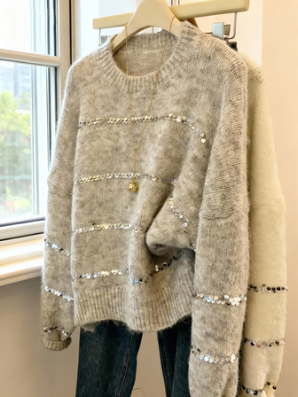 Oversized Glitter Embellished Gray Sweater, French Casual Style Loose Knit Top, Wool Pullover For Autumn