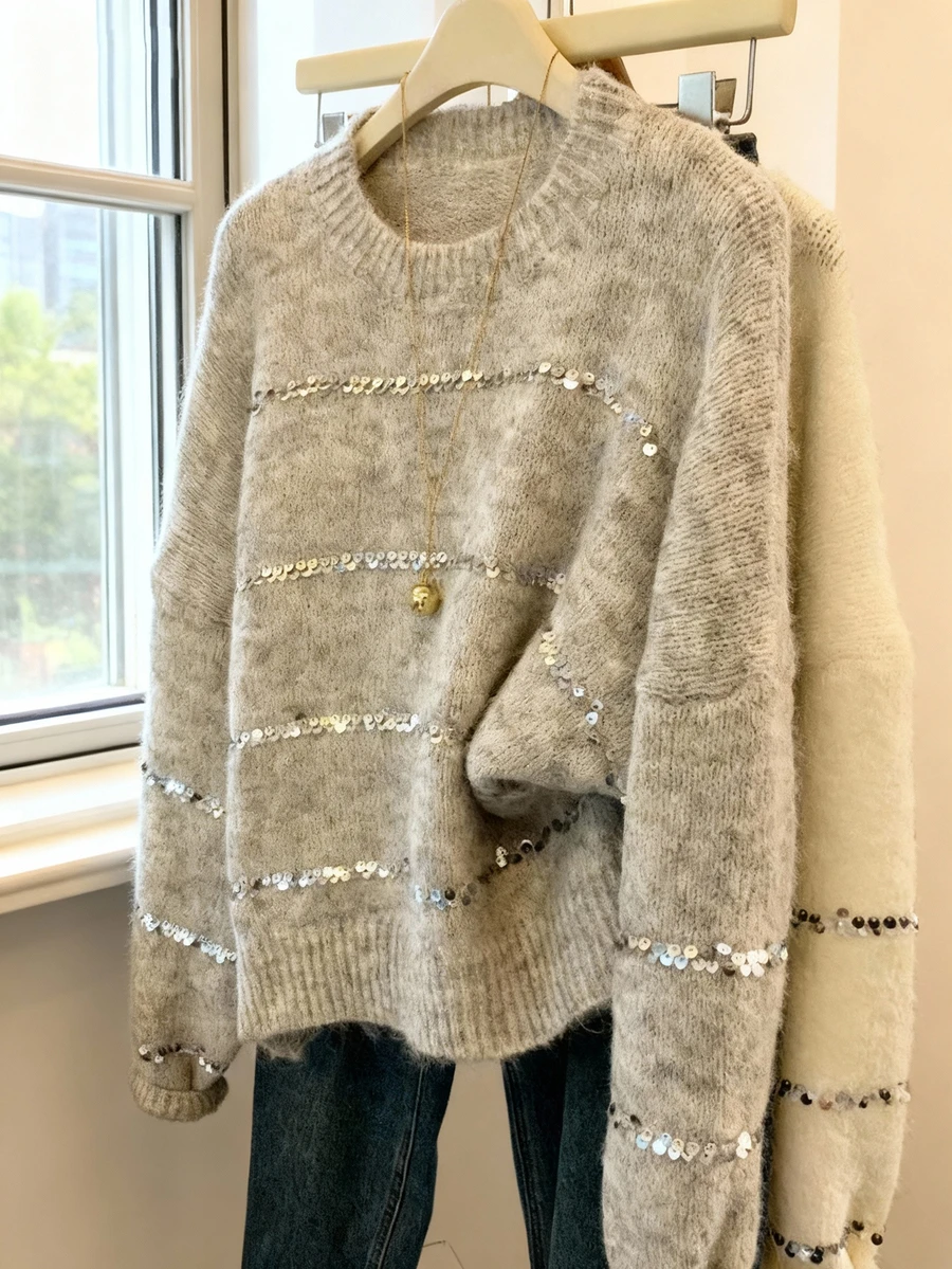 Oversized Glitter Embellished Gray Sweater, French Casual Style Loose Knit Top, Wool Pullover For Autumn
