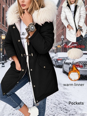 女式双面长袖毛领大衣，秋冬装