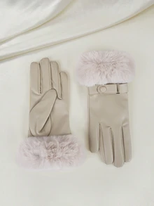 Clariva 1 双女士真皮手套，带毛绒袖口，时尚保暖，带触屏功能，防水防风 PU 皮革手套，圣诞礼物 - 米色毛口皮帶扣 - 查看 1