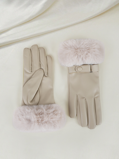 Clariva 1 Pair Women Leather Gloves With Furry Cuff, Fashionable Warm Thermal Lined Touchscreen Gloves, Waterproof & Windproof PU Leather Gloves Gifts