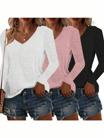 3pcs Plus Size Solid Color V-Neck Long Sleeve Casual Loose Tops, Women's Comfortable And Fashionable Long Sleeve T-Shirts, Machine Washable - Suitable For Spring/Autumn Daily And Home Wear