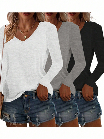 3pcs Solid Color V-Neck Long Sleeve Casual Loose Tops, Women