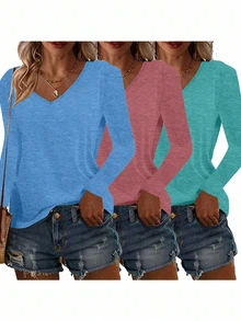 3 sztuki luźnych bluzek z dekoltem w serek i długim rękawem w dużych rozmiarach, damskie