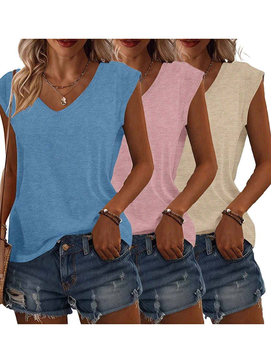 3 Áo thun nữ cổ chữ V không tay, áo thun trơn màu mùa hè rộng rãi, co giãn nhẹ, thích hợp mặc hàng ngày