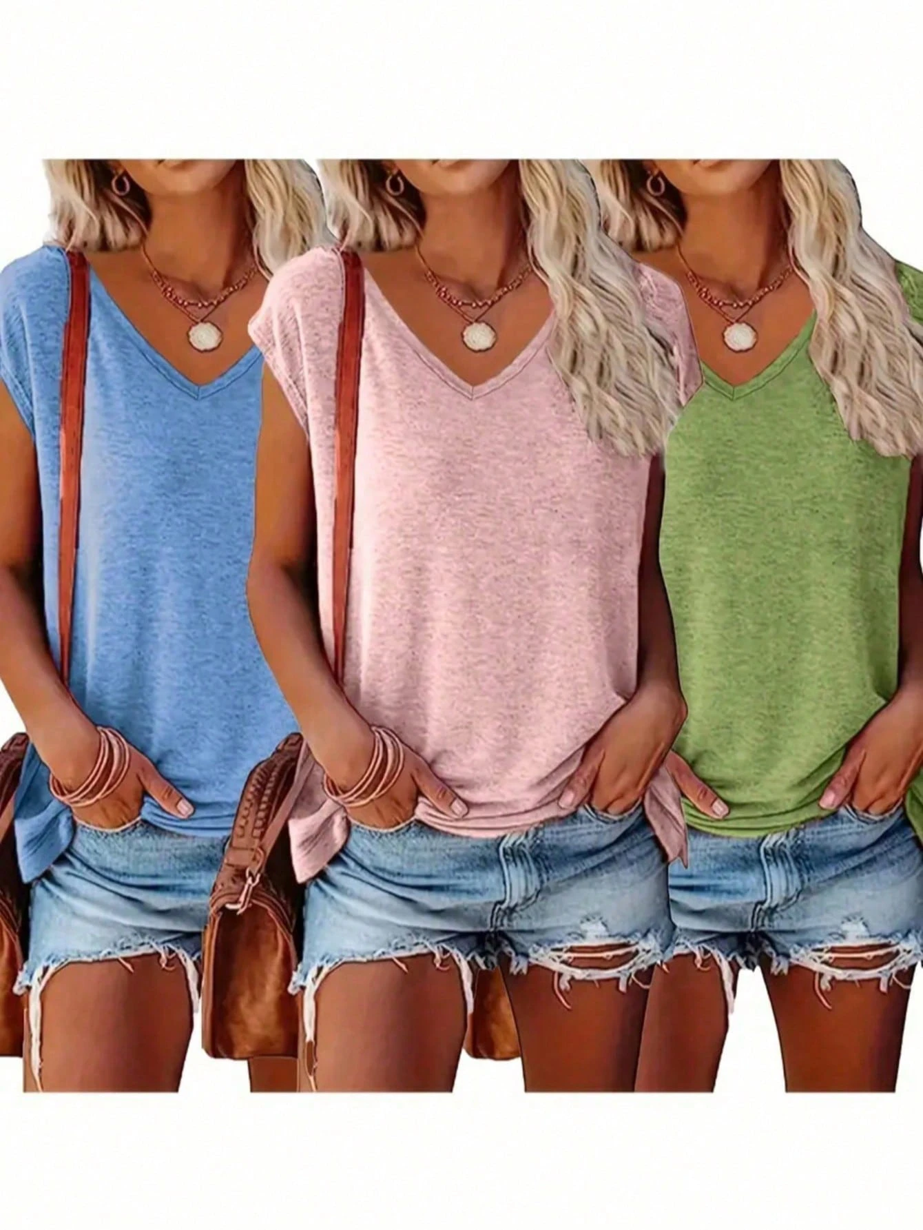 3 piezas Camisetas de cuello en V de unicolor, Camisetas casuales de manga corta, Mujer Verano