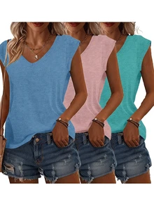 3件装女士V领无袖T恤，休闲宽松夏季纯色上衣，略带弹性，适合日常穿着