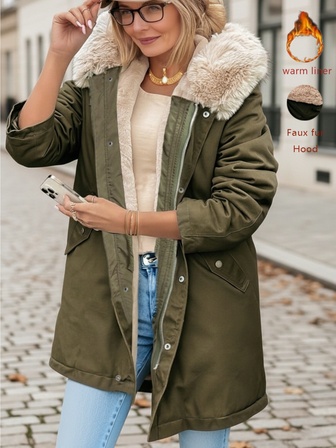 Women Autumn/Winter Long Sleeve Hooded Patchwork Faux Fur Collar Casual Daily Parka Jacket