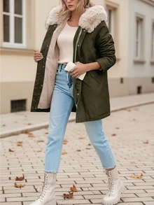 女士秋冬长袖连帽拼接仿毛领休闲日常派克大衣 - 軍綠色 - 查看 2