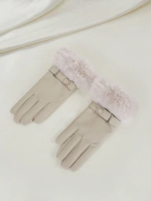 Clariva 1 双女士真皮手套，带毛绒袖口，时尚保暖，带触屏功能，防水防风 PU 皮革手套，圣诞礼物 - 米色毛口皮帶扣 - 查看 3