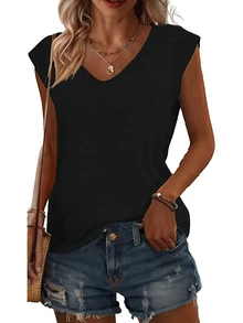 3pcs Women's V-Neck Sleeveless T-Shirts, Casual Loose Summer Solid Color Tops, Slightly Stretchy, Suitable For Daily Wear - Multicolor - View 5