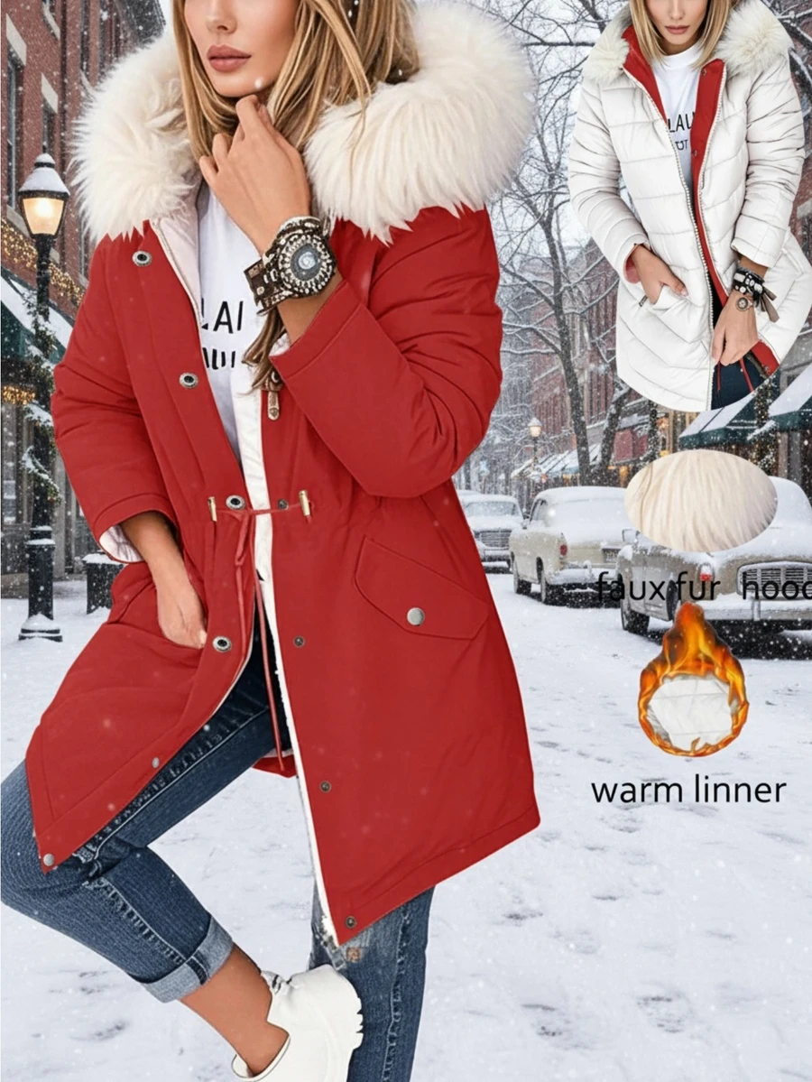 Chaqueta reversible de manga larga con cuello de piel para mujer, otoño/invierno - Rojo - Ver 1