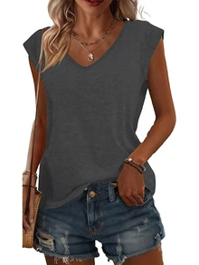 3 piezas Camisetas sin mangas de cuello en V para mujer, blusas sueltas de verano de unicolor, ligeramente elásticas, adecuadas para uso diario - Multicolor - Ver 6