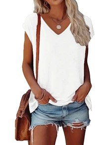 3pcs Plain V-Neck Loose Casual T-Shirts, Comfortable And Fashionable For Spring/Summer Daily And Home Wear - Multicolor - View 5