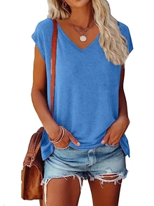 2pcs Plain V-Neck Loose Casual T-Shirts, Comfortable And Fashionable For Spring/Summer Daily And Home Wear - Multicolor - View 5