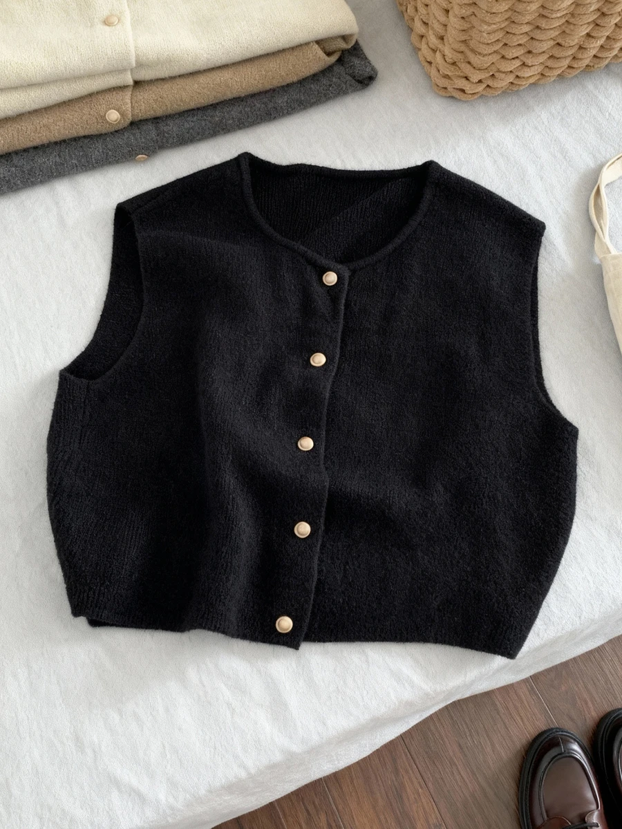 复古小金属纽扣圆领针织背心，宽松百搭，柔软舒适，适合秋冬季叠穿，黑色 - 黑色 - 查看 1