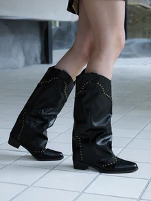 CHICVUE 女士时尚靴子，黑色粗跟方头复古铆钉高筒骑马靴，法式百搭西部牛仔靴，适合娇小身材的圣诞礼物 - 黑色 - 查看 5