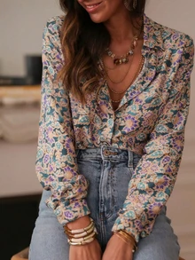 大码女式优雅印花长袖衬衫休闲度假上衣春夏款 - 彩色 - 查看 2