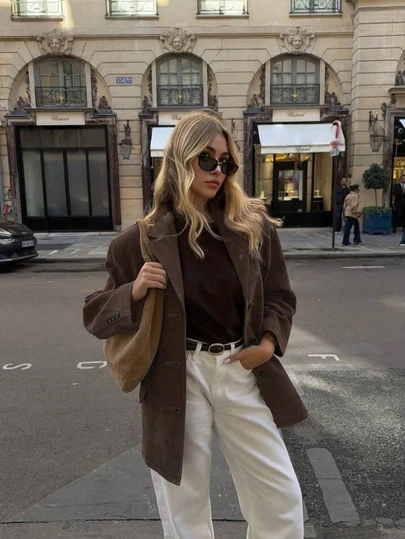 女士优雅复古棕色仿麂皮翻领长袖西装外套，圣诞节，新年