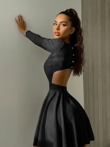 Kami Spring&Summer Outfits For Women ,Sunset DateDressing Up,Hot Girl Sexy, Solid Color, A-Line Skirt, Party Mini Dress,Chic,Valentine,Tops - Black - View 1