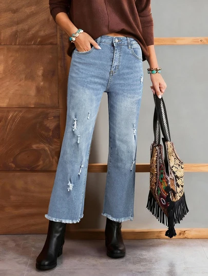 舒适宽松做旧水洗蓝色磨边直筒牛仔裤，适合女性，街头风格