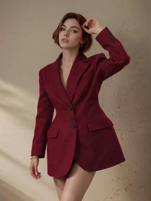 Áo khoác vest nữ cỡ lớn thanh lịch tay dài cổ ve màu đỏ, thích hợp cho ngày Valentine. - Màu Đỏ Sâu - Xem 4