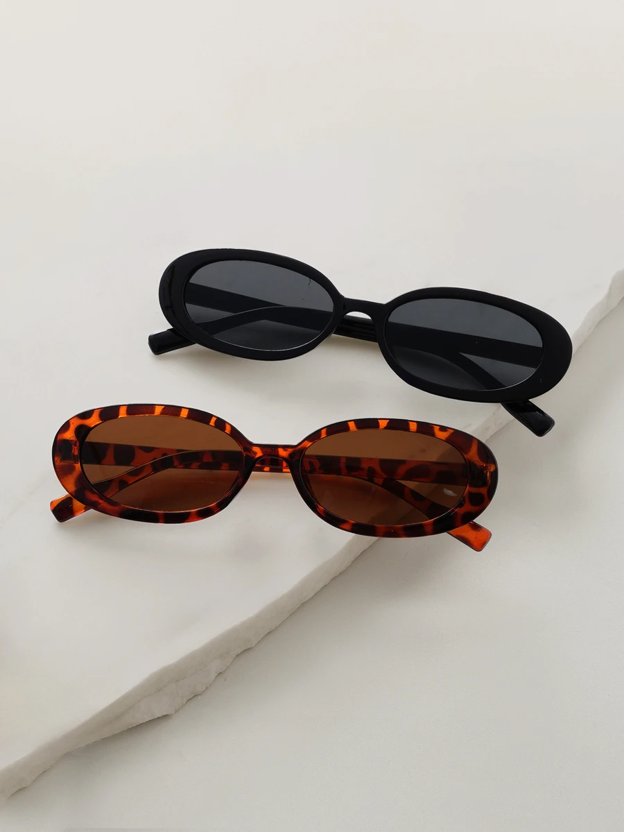 2pcs Vintage Small Frame Oval Shaped Plastic Sunglasses, Unisex Fashion Classic Style, Outdoor Travel Beach Holiday UV Protection Fashionable Shade Elegant Outfit Family Outings Travel Vacation Holiday For Summer Beach Vacation,Outdoor,Travel Gifts - Multicolor - View 1