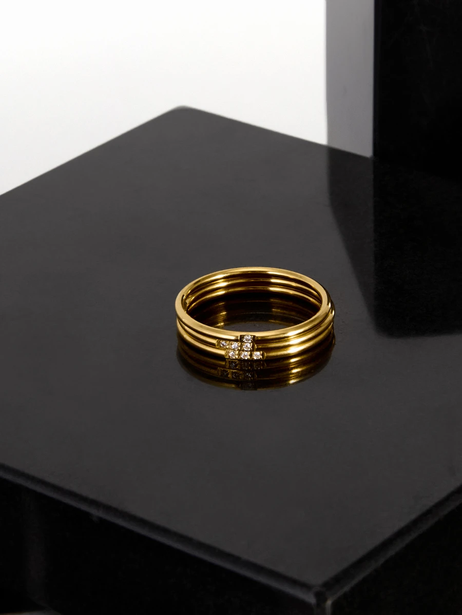 CHICVUE 时尚不锈钢金色极简立方氧化锆叠戴戒指套装，日常珠宝礼物，女士圣诞礼物 - 金色 - 查看 1