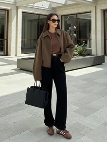 Vintage Stil Damen Frühlings Kleidung, Valentinstag, Pendler Tragen, einfarbige leichte Jacke mit Reißverschluss und langen Ärmeln | Elegante Jacke mit Kragen und langen Ärmeln, geeignet für Büro/Alltag Outfit im Frühling, modisches Top - Kaffeebraun - Übersicht 3