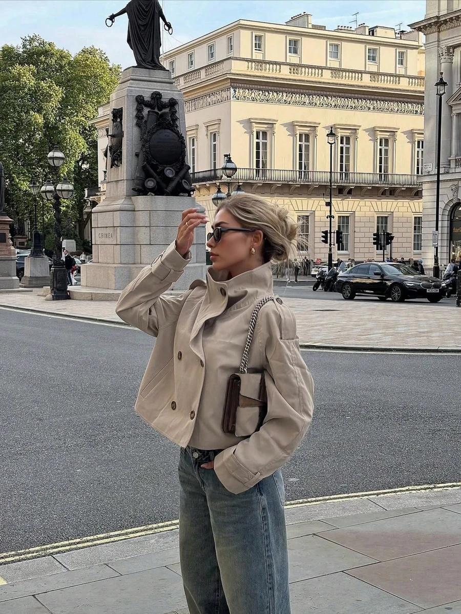 Women's Fashion Casual Double-Breasted Long Sleeve Jacket - Khaki - View 1