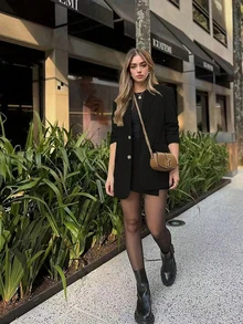 Women's Elegant Casual Commuter Suit: Black Long Sleeve Blazer + Skirt - Black - View 2