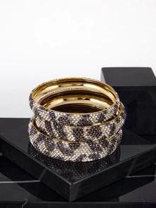 CHICVUE 3 Buah Gelang Logam Bulat Geometris Mewah Bertabur Berlian Imitasi, Perhiasan Kelas Atas untuk Wanita, Hadiah Pesta - Set gelang berlian penuh - View 2