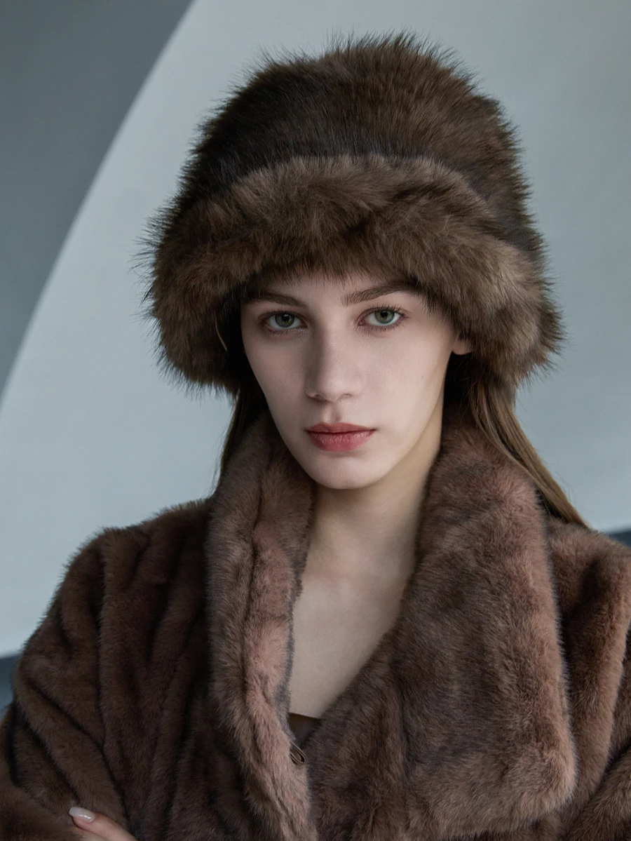 CHICVUE 1pc Faux Fox Fur Bucket Hat, Faux Mink Fur Thick & Versatile High-End Fashion Cap Gifts - Brown Hair - View 1