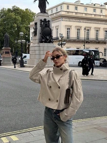 Women's Fashion Casual Double-Breasted Long Sleeve Jacket - Khaki - View 2