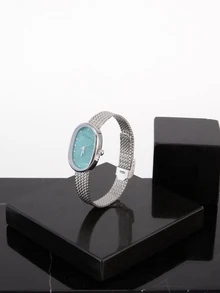 CHICVUE Oval-Shaped Mother Of Pearl Dial Woven Mesh Strap Waterproof Quartz Watch With Silver Shell Gifts - Green - View 3