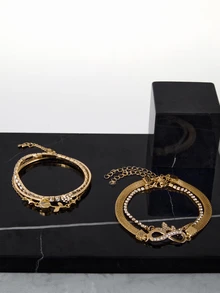 5件套时尚简约精致优雅的蝴蝶、爱心、花朵、郁金香、水滴造型手链，镶嵌闪亮水钻，饰以8字形无限符号钩扣，适合节日、派对、约会、送礼及日常佩戴，情人节、妈妈、母亲节、圣诞节礼物之选。 - 金黃色 - 查看 4