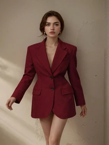 Áo khoác vest nữ cỡ lớn thanh lịch tay dài cổ ve màu đỏ, thích hợp cho ngày Valentine. - Màu Đỏ Sâu - Xem 5