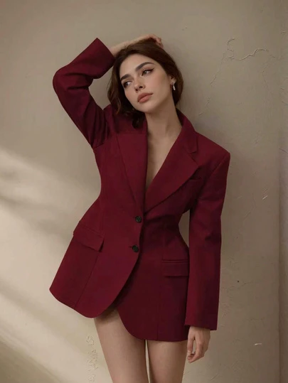 Plus Size Women's Elegant Fashion Long Sleeve Lapel Red Suit Jacket,Valentine's Day