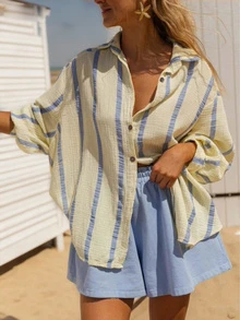 大码女式宽松灯笼袖条纹衬衫，优雅开衫，适合日常通勤和假日外出，长袖上衣，春季款 - 黃色 - 查看 1