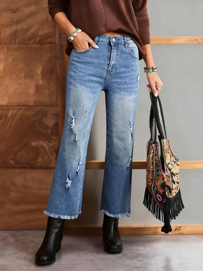 女式舒适宽松做旧洗水直筒牛仔裤，宽松腰身，磨边下摆，欧美街头风格