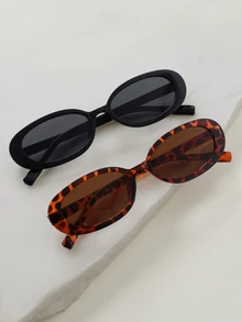 2pcs Vintage Small Frame Oval Shaped Plastic Sunglasses, Unisex Fashion Classic Style, Outdoor Travel Beach Holiday UV Protection Fashionable Shade Elegant Outfit Family Outings Travel Vacation Holiday For Summer Beach Vacation,Outdoor,Travel Gifts - Multicolor - View 4