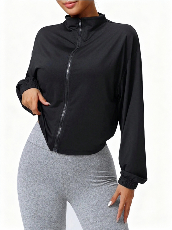 Chaqueta elegante de mujer con cremallera, cuello alto y manga larga que adelgaza, ropa deportiva casual para primavera y verano, chaqueta negra lavable a máquina