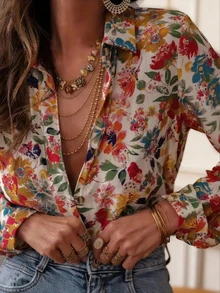 大码女装度假气质优雅花卉印花长袖单排扣休闲宽松衬衫