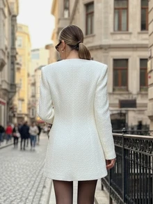 Women's Solid Color Long Sleeve Metal Button Decor Sexy Elegant Resort Jacket, Autumn/Winter - White - View 2