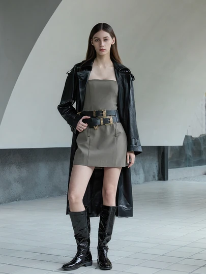 CHICVUE Elegant Punk Textured Buckle Belt PU Belt For Coats And Dresses Summer, School Fall, Autumn, Gifts