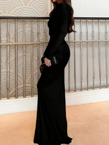 女士纯色针织长袖扭结褶皱深V领性感休闲优雅复古宫廷风连衣裙，适合秋冬季叠穿或外穿，黑色春季款 - 黑色 - 查看 4