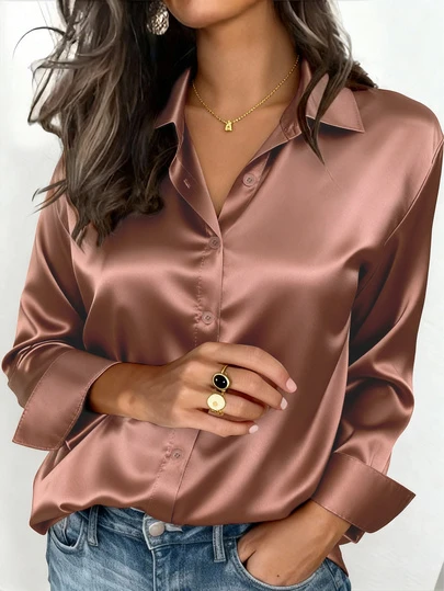 Blusa de satén para mujer, camisa casual con botones y diseño de cuello, elegante para la oficina y uso casual, adecuada para otoño, invierno, primavera y verano