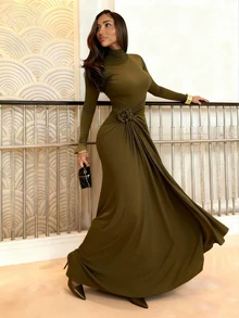 高领长袖针织连衣裙，优雅派对礼服，饰有3D立体花卉图案，修身剪裁，收腰设计，春季长裙 - 綠色 - 查看 2